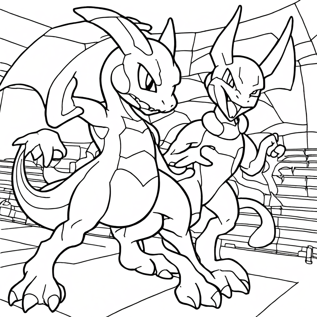 Mewtwo Lutando Contra Charizard Em Um Estádio Lotado coloring page from "Mewtwo" theme - free printable line art for kids and adults