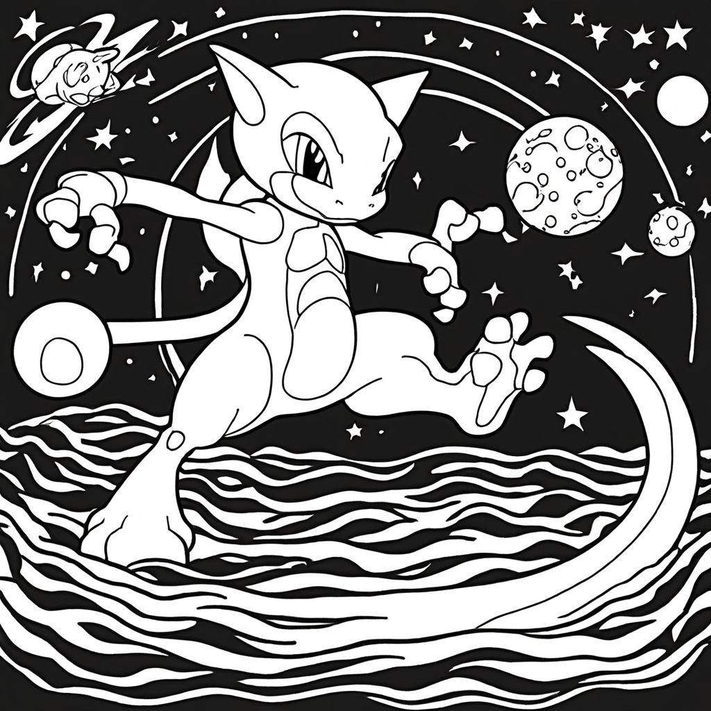 Mewtwo Dobrando Água Enquanto Flutua no Espaço coloring page from "Mewtwo" theme - free printable line art for kids and adults