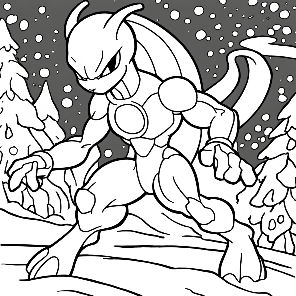Mewtwo Criando Uma Explosão de Energia na Neve coloring page from "Mewtwo" theme - free printable line art for kids and adults