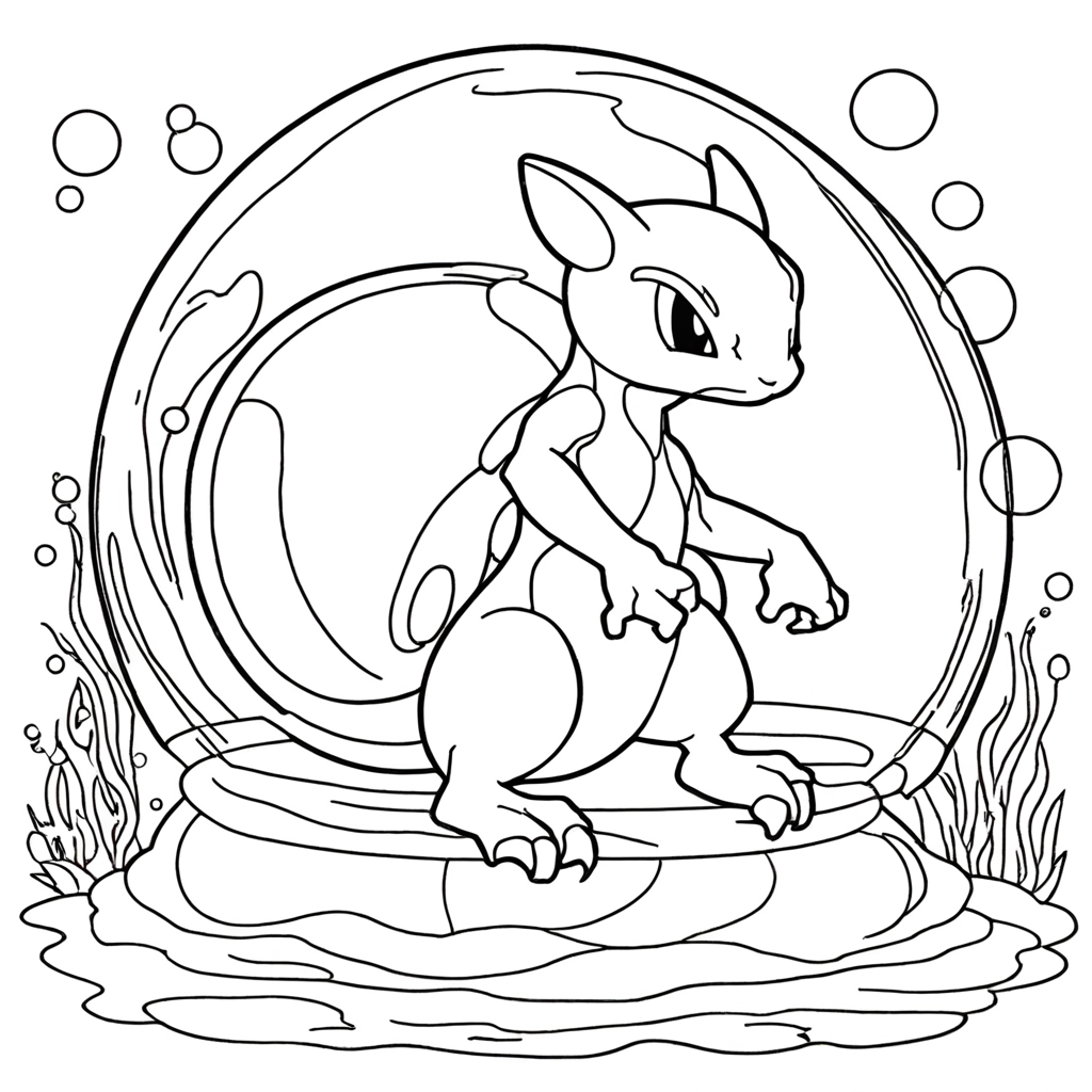 Mewtwo Flutuando em uma Bolha Subaquática coloring page from "Mewtwo" theme - free printable line art for kids and adults