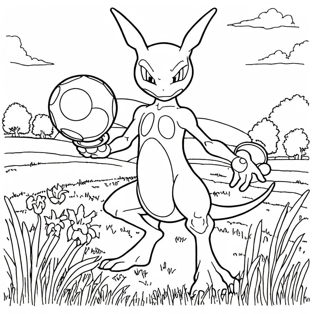 Mewtwo segurando um orbe psíquico em um campo coloring page from "Mewtwo" theme - free printable line art for kids and adults