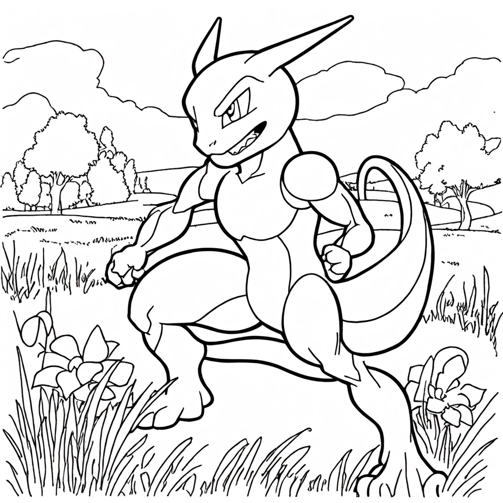 Mewtwo em uma Posição de Luta em um Prado coloring page from "Mewtwo" theme - free printable line art for kids and adults