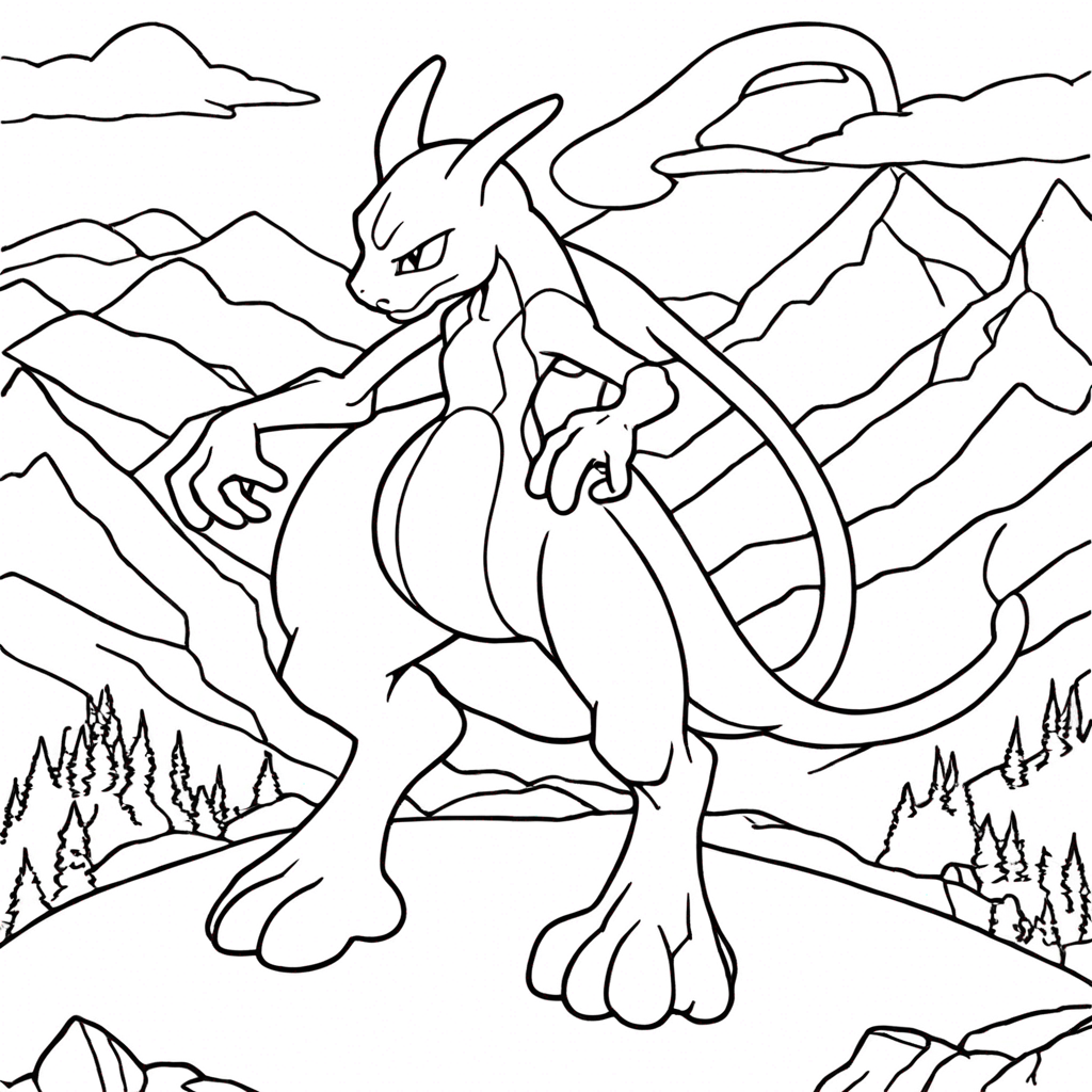 Mewtwo Levita Acima de um Vastíssimo Vale Montanhoso coloring page from "Mewtwo" theme - free printable line art for kids and adults