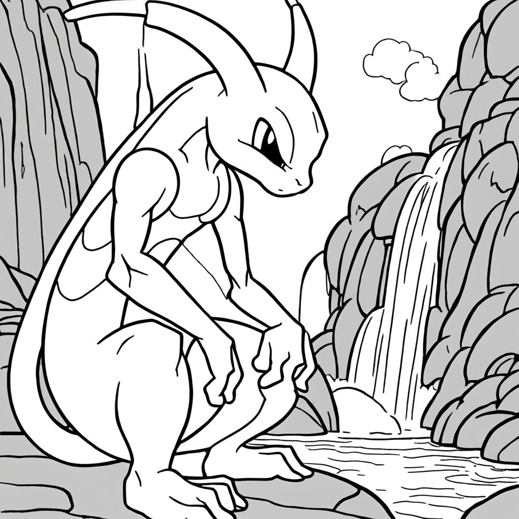 Mewtwo Pensando Calmamente ao Lado de uma Cachoeira coloring page from "Mewtwo" theme - free printable line art for kids and adults