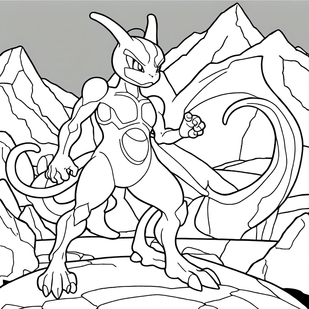 Mewtwo Posing Majestically Before The Mountains coloring page from "Mewtwo" theme - free printable line art for kids and adults