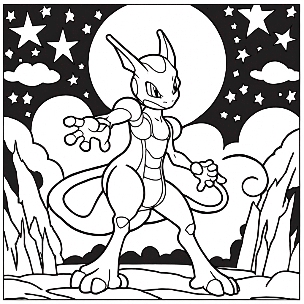 Mewtwo Alcançando as Estrelas do Céu Noturno coloring page from "Mewtwo" theme - free printable line art for kids and adults