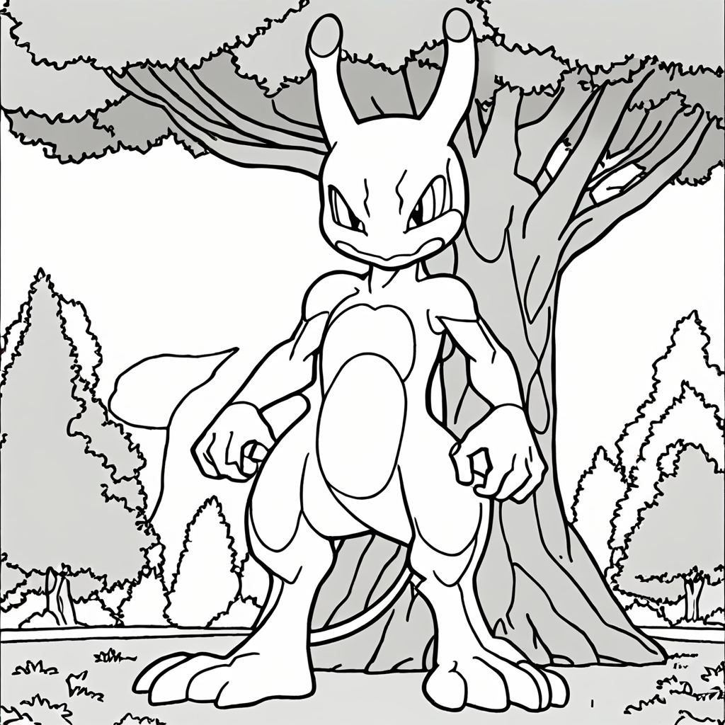 Mewtwo em Pé Orgulhosamente ao Lado de uma Árvore coloring page from "Mewtwo" theme - free printable line art for kids and adults