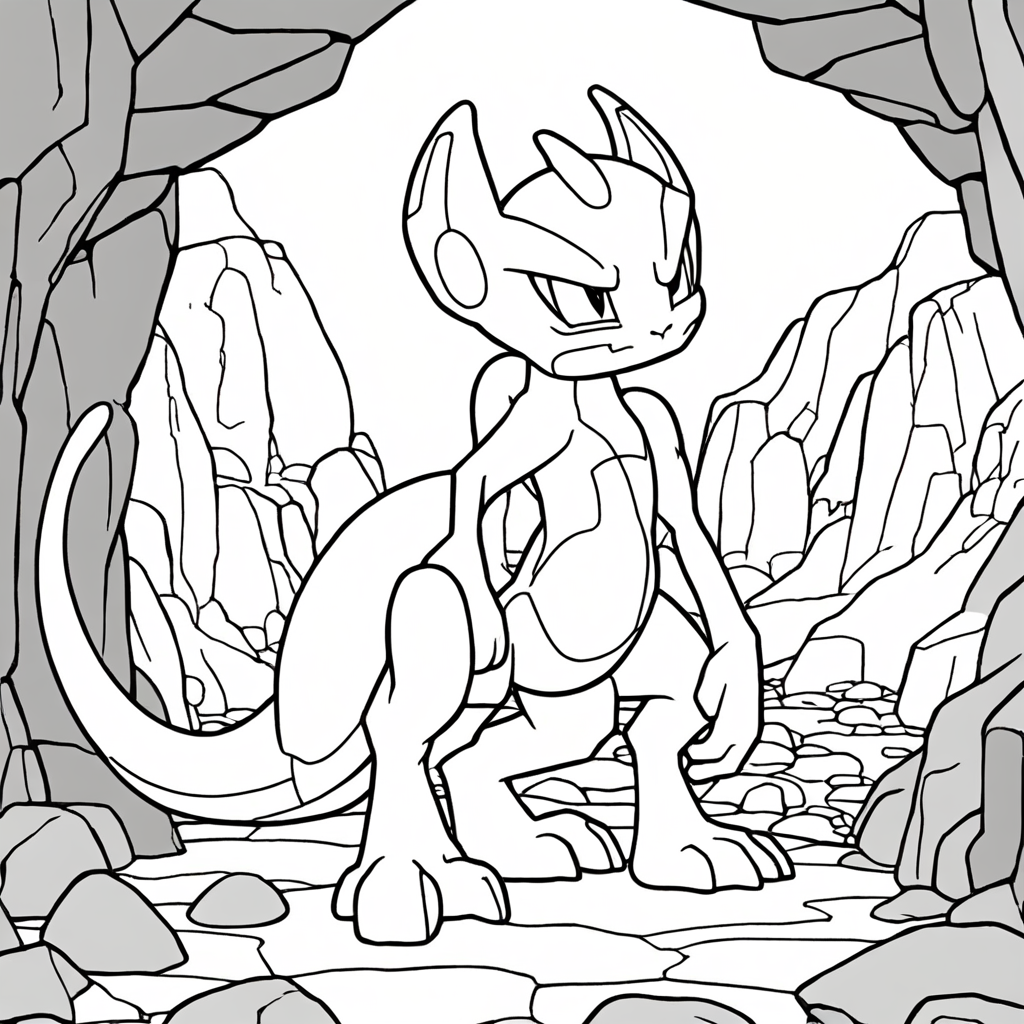 Mewtwo em Pé com Sério Dentro de uma Caverna Rochosa coloring page from "Mewtwo" theme - free printable line art for kids and adults