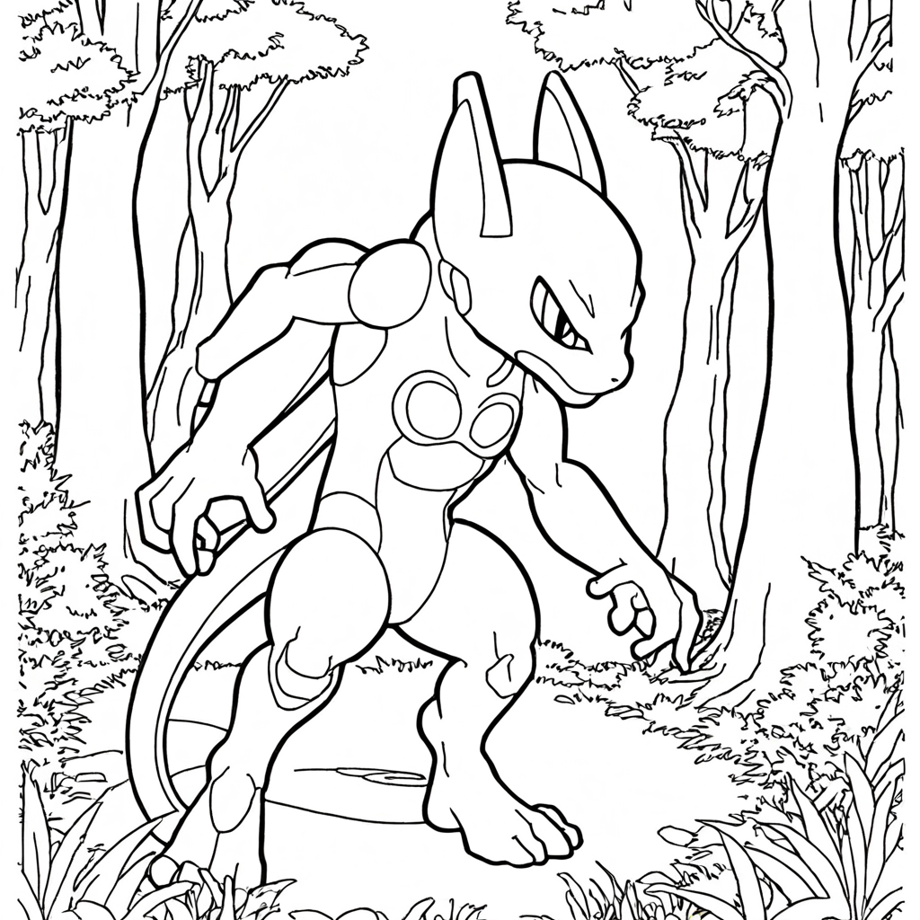 Mewtwo Liberando Poder Psíquico em uma Floresta coloring page from "Mewtwo" theme - free printable line art for kids and adults