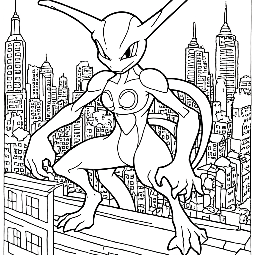 Mewtwo Causando Caos Psicologicamente Sobre Uma Cidade coloring page from "Mewtwo" theme - free printable line art for kids and adults
