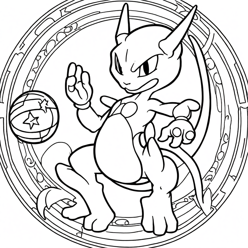 Mewtwo Brincalhão Lançando Uma Bola Com Padrão de Estrelas coloring page from "Mewtwo" theme - free printable line art for kids and adults