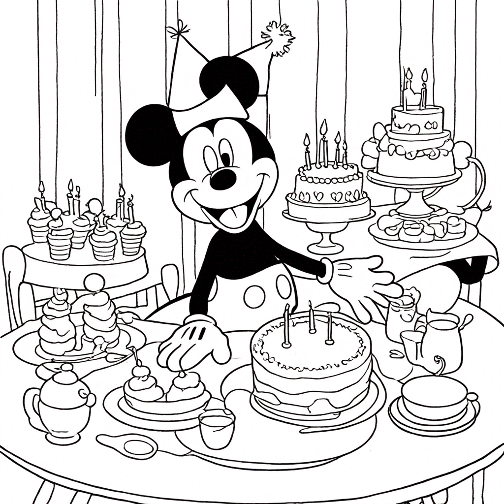 Mickey Mouse Tại Bàn Tiệc Sinh Nhật coloring page from "chuột Mickey" theme - free printable line art for kids and adults
