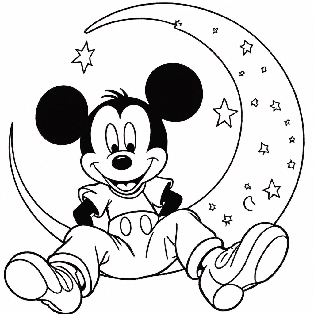 Mickey Mouse Ngồi Trên Mặt Trăng Lưỡi Liềm coloring page from "chuột Mickey" theme - free printable line art for kids and adults