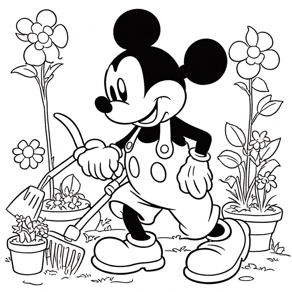 Mickey Mouse Với Dụng Cụ Làm Vườn coloring page from "chuột Mickey" theme - free printable line art for kids and adults