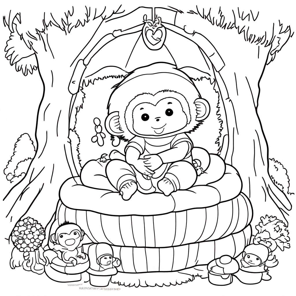 "Monchhichi's Cozy Cuddle Party Scene" coloring page from monchhichi theme - free printable line art for kids and adults