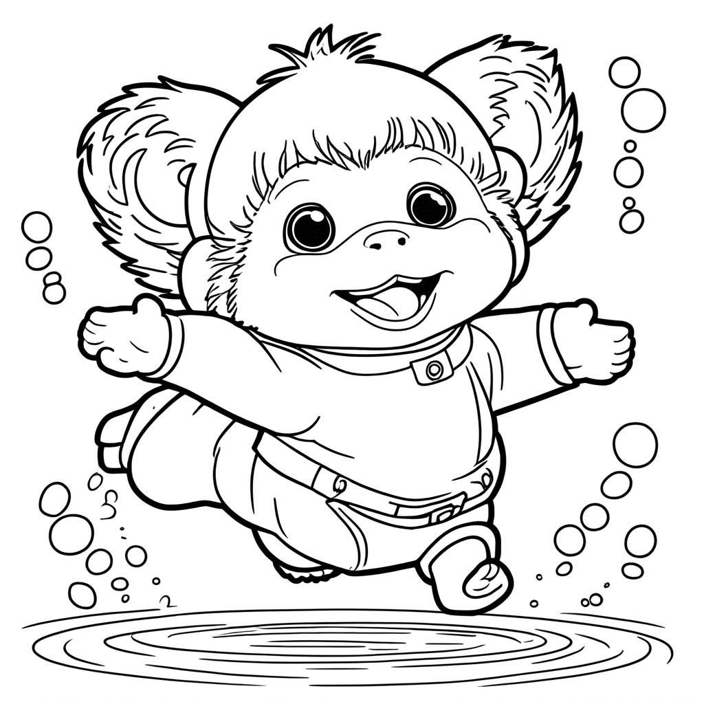 "Monchhichi Puddle Jumping Adventure" coloring page from monchhichi theme - free printable line art for kids and adults