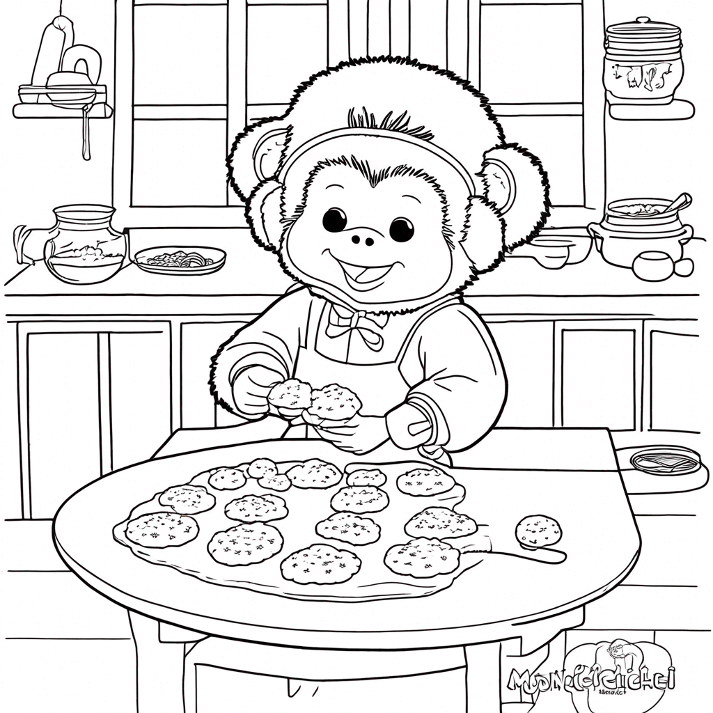 Monchhichi Baking Star-Shaped Cookies Joyfully coloring page from monchhichi theme - free printable line art for kids and adults