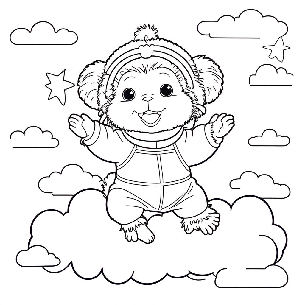 "Monchhichi Building a Cloud Castle" coloring page from monchhichi theme - free printable line art for kids and adults
