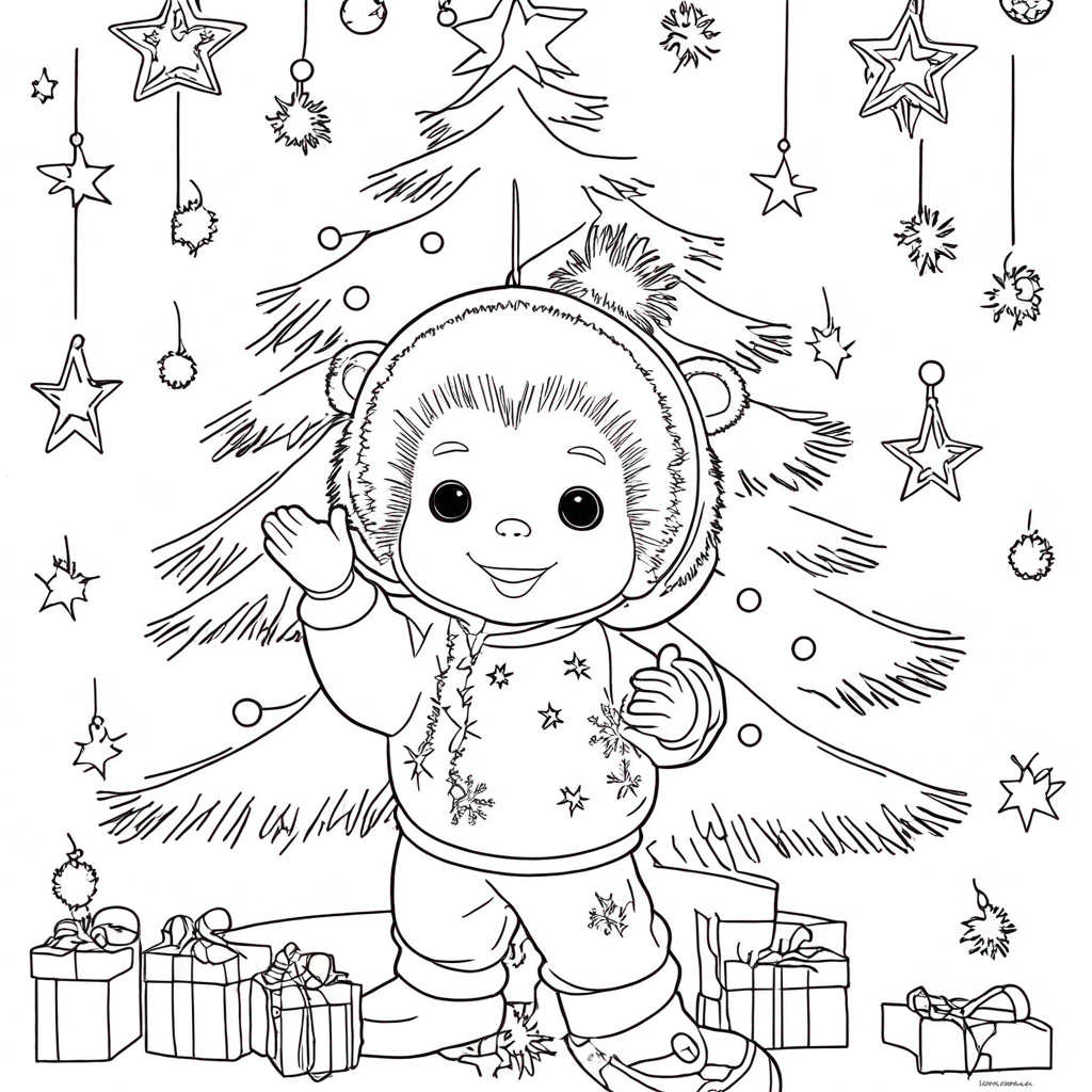 "Monchhichi Decorating the Sparkle Tree" coloring page from monchhichi theme - free printable line art for kids and adults