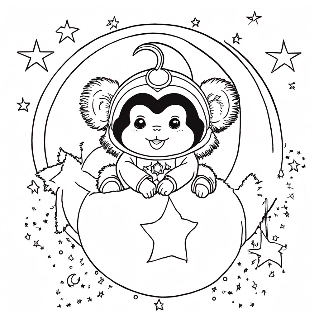 "Monchhichi Finds Cosmic Starlight Treasure" coloring page from monchhichi theme - free printable line art for kids and adults