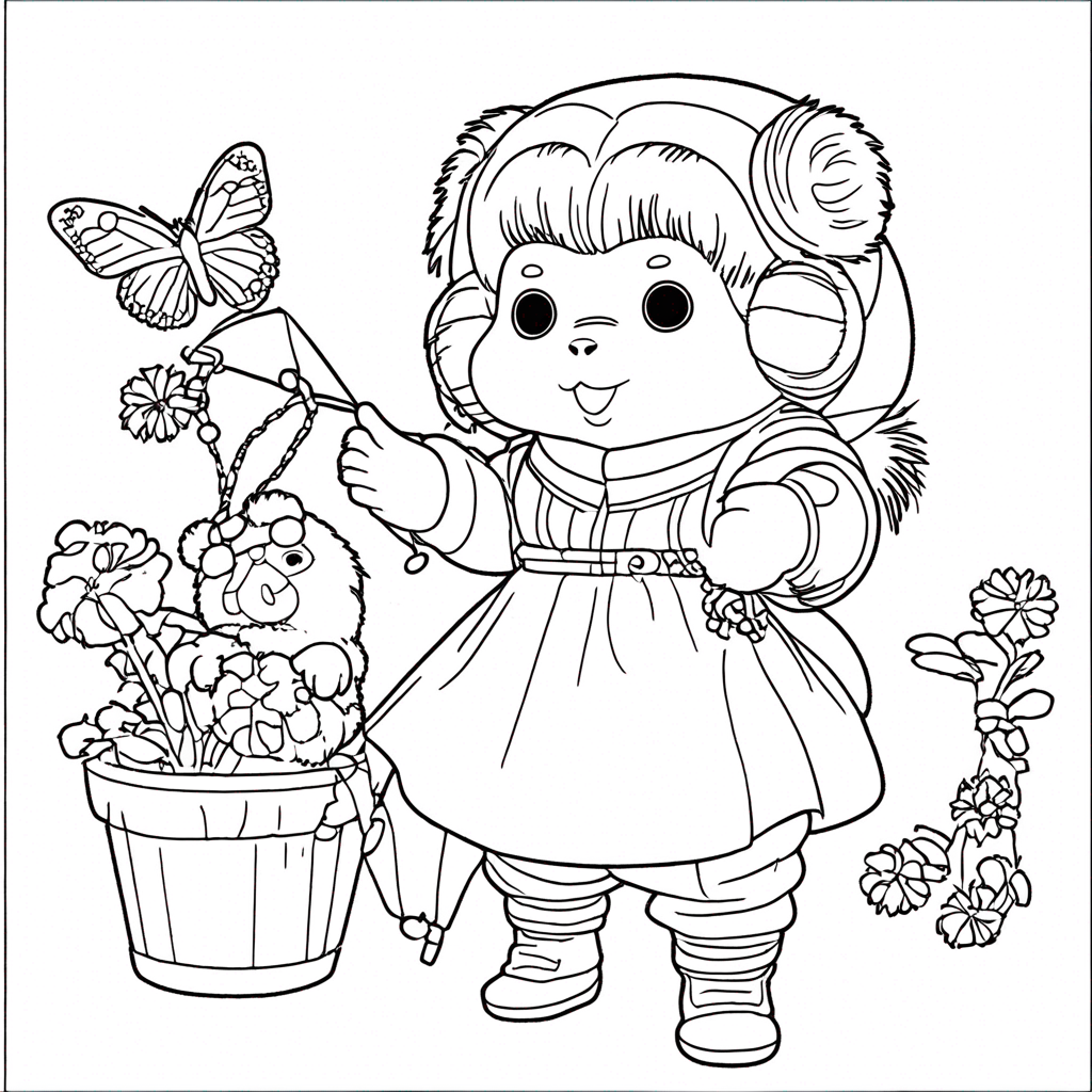 "Monchhichi Discovers Enchanted Butterfly Garden" coloring page from monchhichi theme - free printable line art for kids and adults