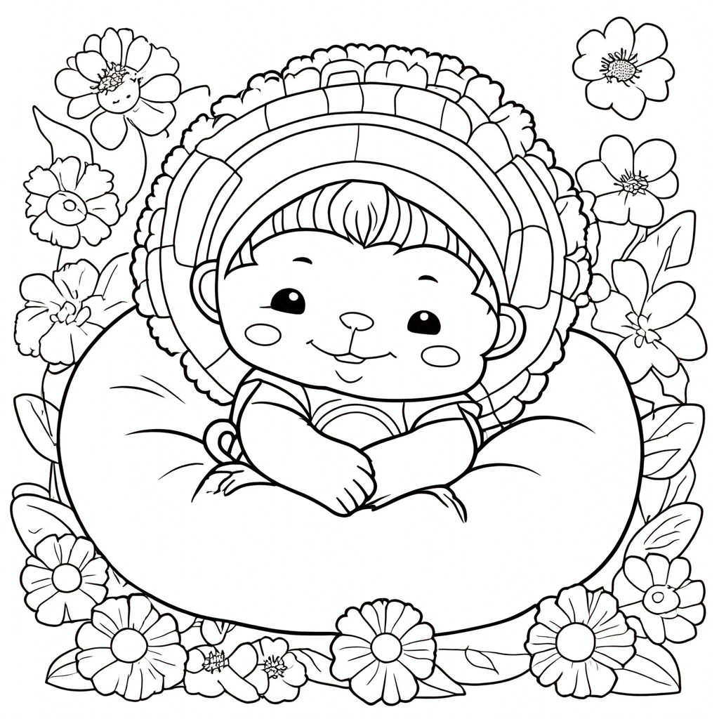 "Monchhichi's Peaceful Nap in Flower" coloring page from monchhichi theme - free printable line art for kids and adults