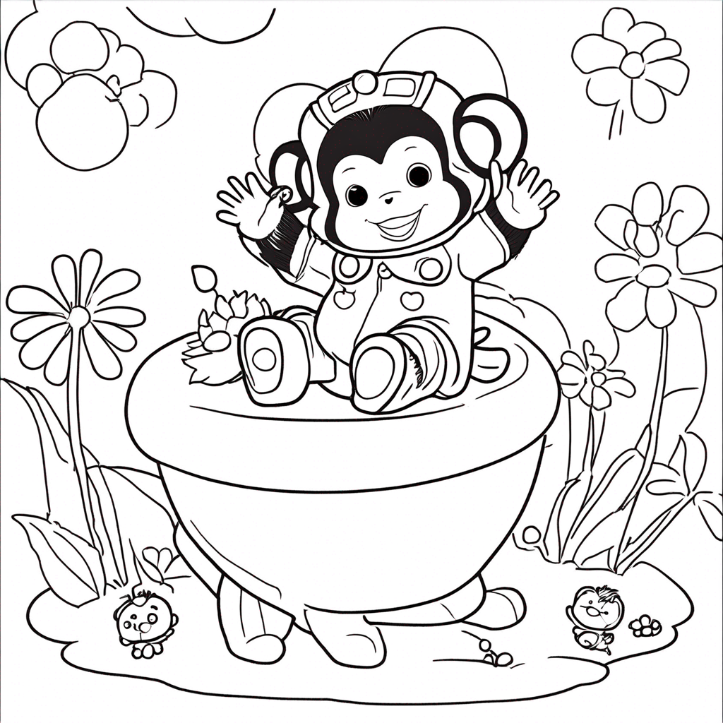 "Monchhichi's Ladybug Garden Adventure" coloring page from monchhichi theme - free printable line art for kids and adults