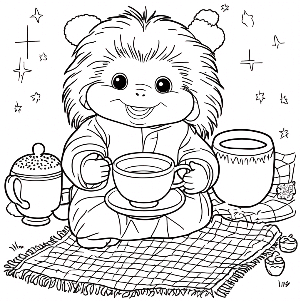"Monchhichi's Tea Party Delight" coloring page from monchhichi theme - free printable line art for kids and adults