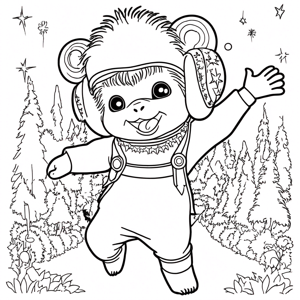 "Monchhichi Leading Forest Friends Parade" coloring page from monchhichi theme - free printable line art for kids and adults
