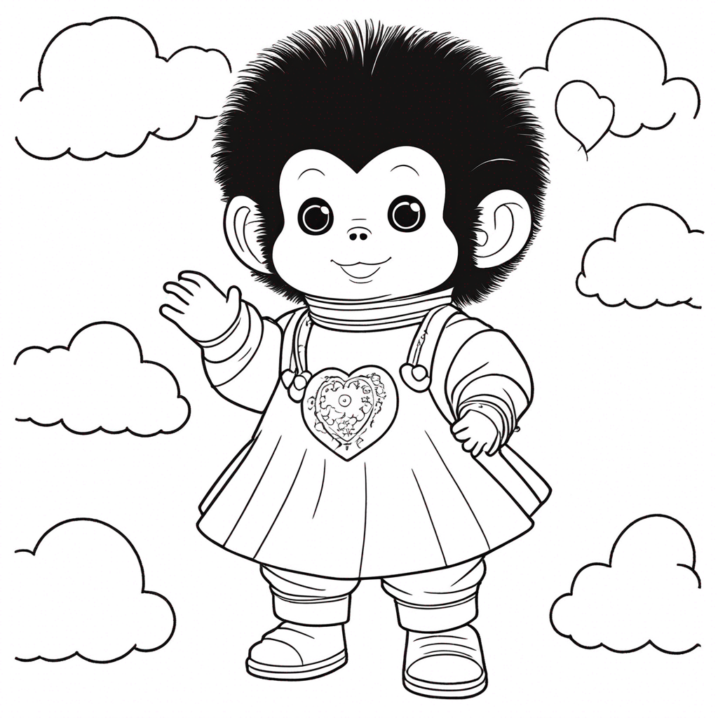 "Monchhichi Searching in Sky Adventure" coloring page from monchhichi theme - free printable line art for kids and adults