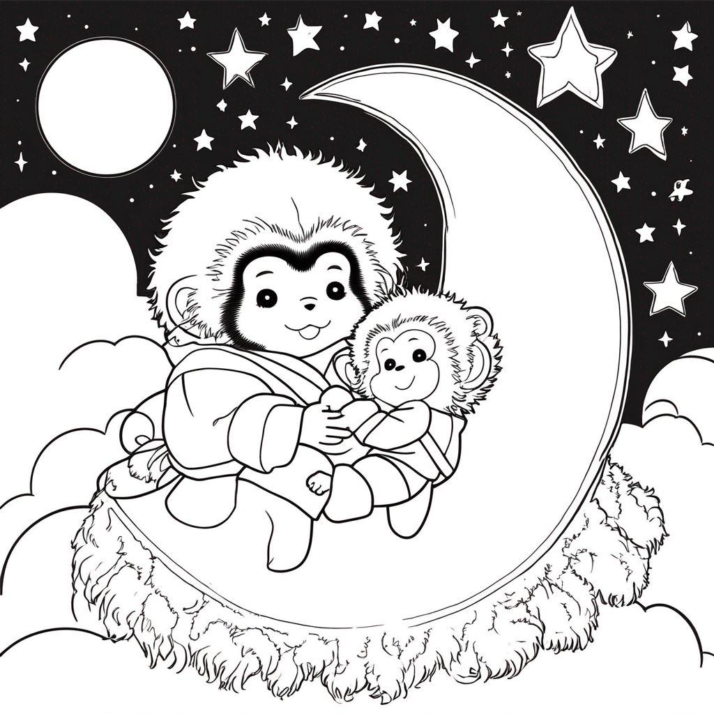 "Monchhichi's Moonlit Storybook Slumber" coloring page from monchhichi theme - free printable line art for kids and adults