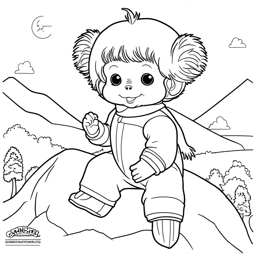 "Monchhichi Star-Gazing with Baby" coloring page from monchhichi theme - free printable line art for kids and adults