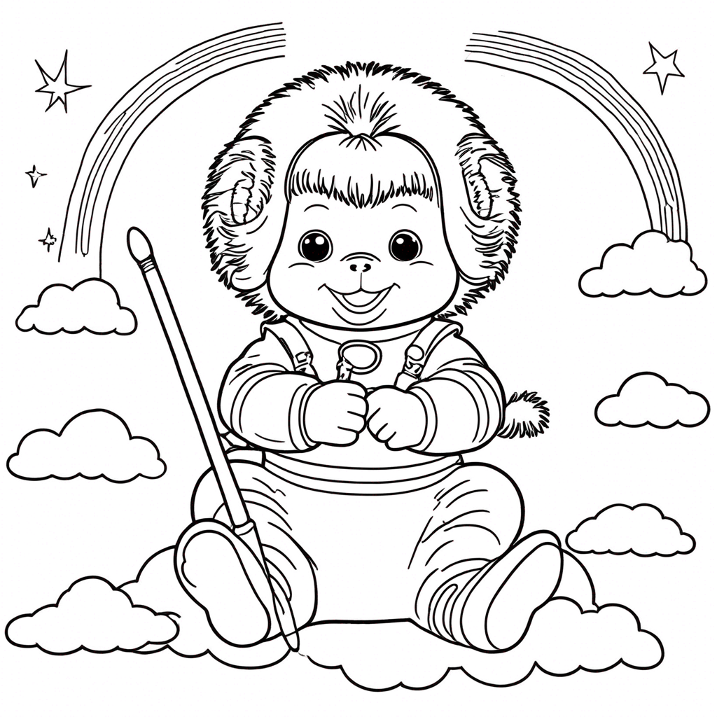 "Monchhichi Painting a Rainbow Symphony" coloring page from monchhichi theme - free printable line art for kids and adults