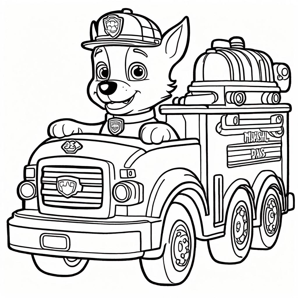 Marshall Paw Patrol Fire Truck Rescue coloring page from paw patrol theme - free printable line art for kids and adults