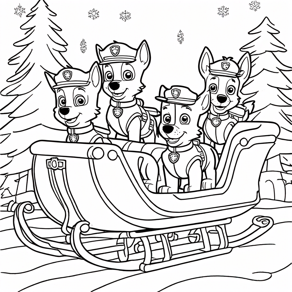 Paw Patrol Christmas Sleigh Ride coloring page from paw patrol theme - free printable line art for kids and adults