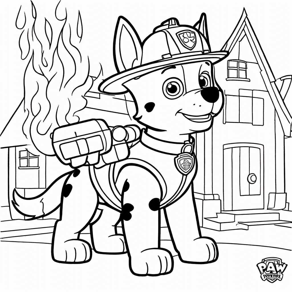 Paw Patrol Marshall Extinguishing Flames coloring page from paw patrol theme - free printable line art for kids and adults