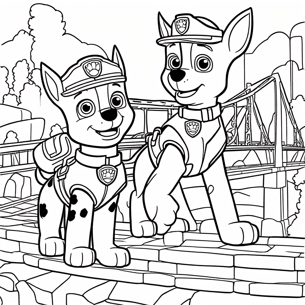 Paw Patrol Rubble Building Bridge coloring page from paw patrol theme - free printable line art for kids and adults