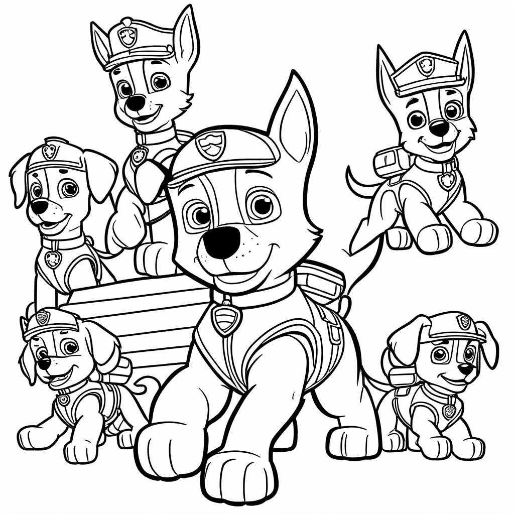 Paw Patrol Ryder Training Pups coloring page from Đội Bay Siêu Đẳng theme - free printable line art for kids and adults