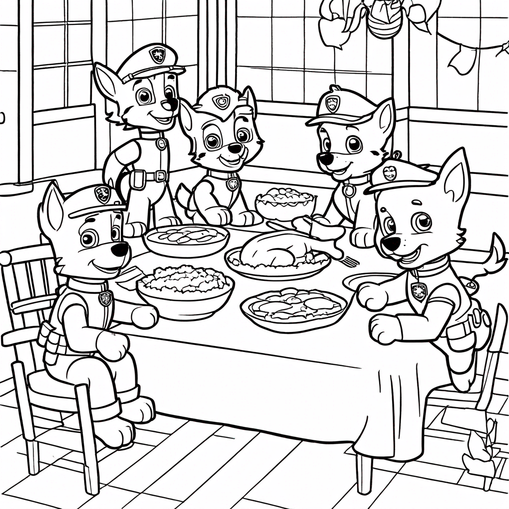 Paw Patrol Thanksgiving Dinner Prep coloring page from paw patrol theme - free printable line art for kids and adults