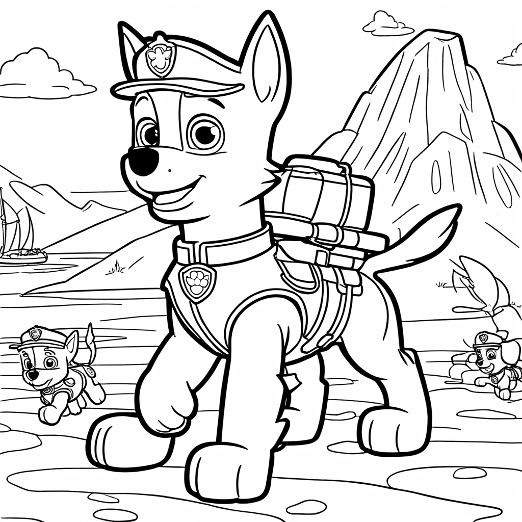 Paw Patrol Tracker Finding Treasure coloring page from paw patrol theme - free printable line art for kids and adults