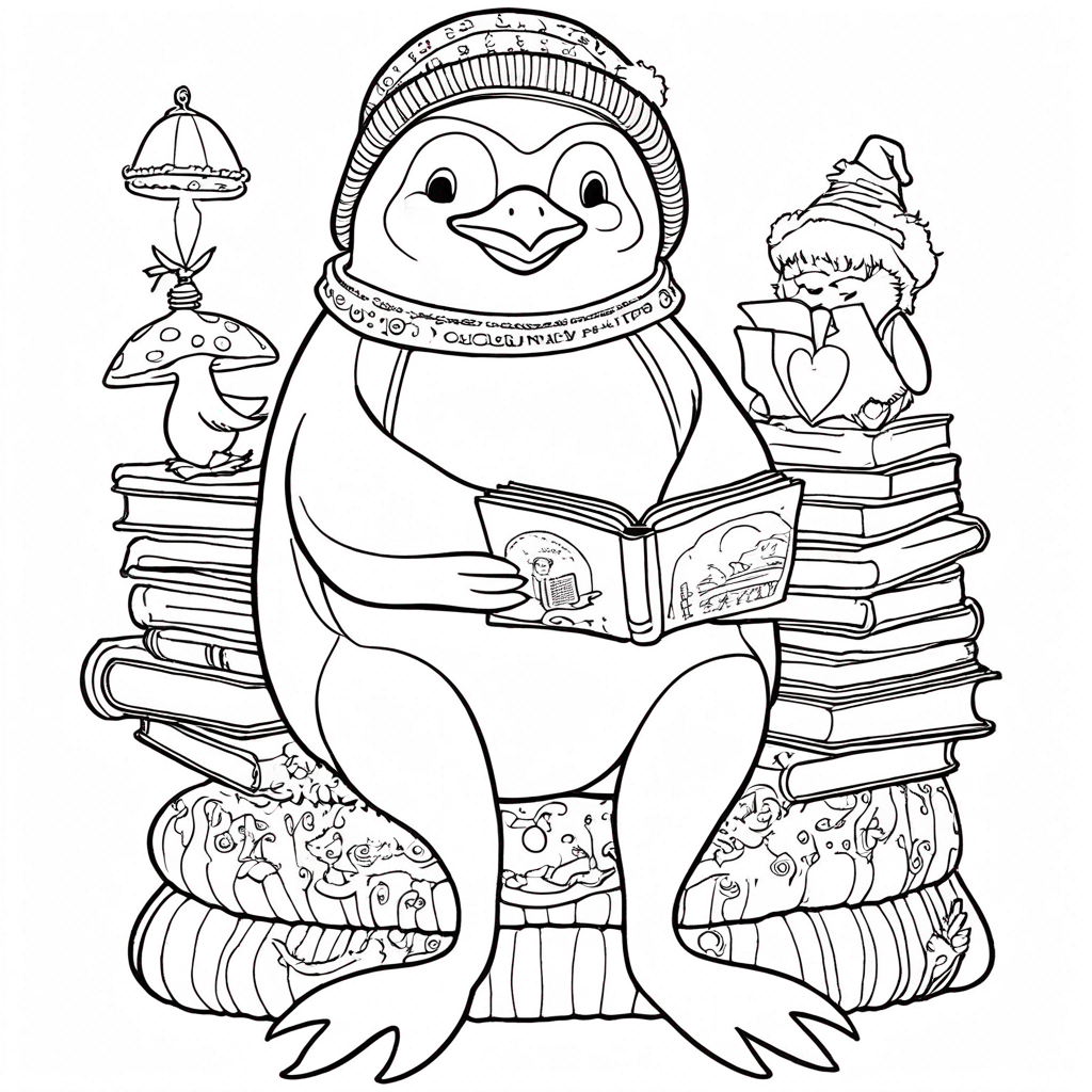 Pippin's Penguin Library Story Adventure coloring page from penguin theme - free printable line art for kids and adults