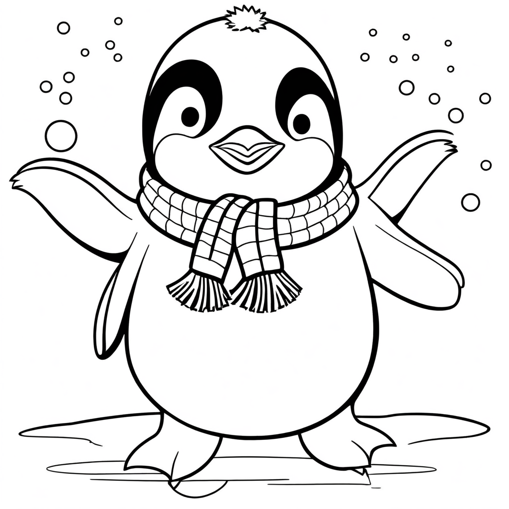 "Penguin Building Gigantic Snow Igloo" coloring page from penguin theme - free printable line art for kids and adults