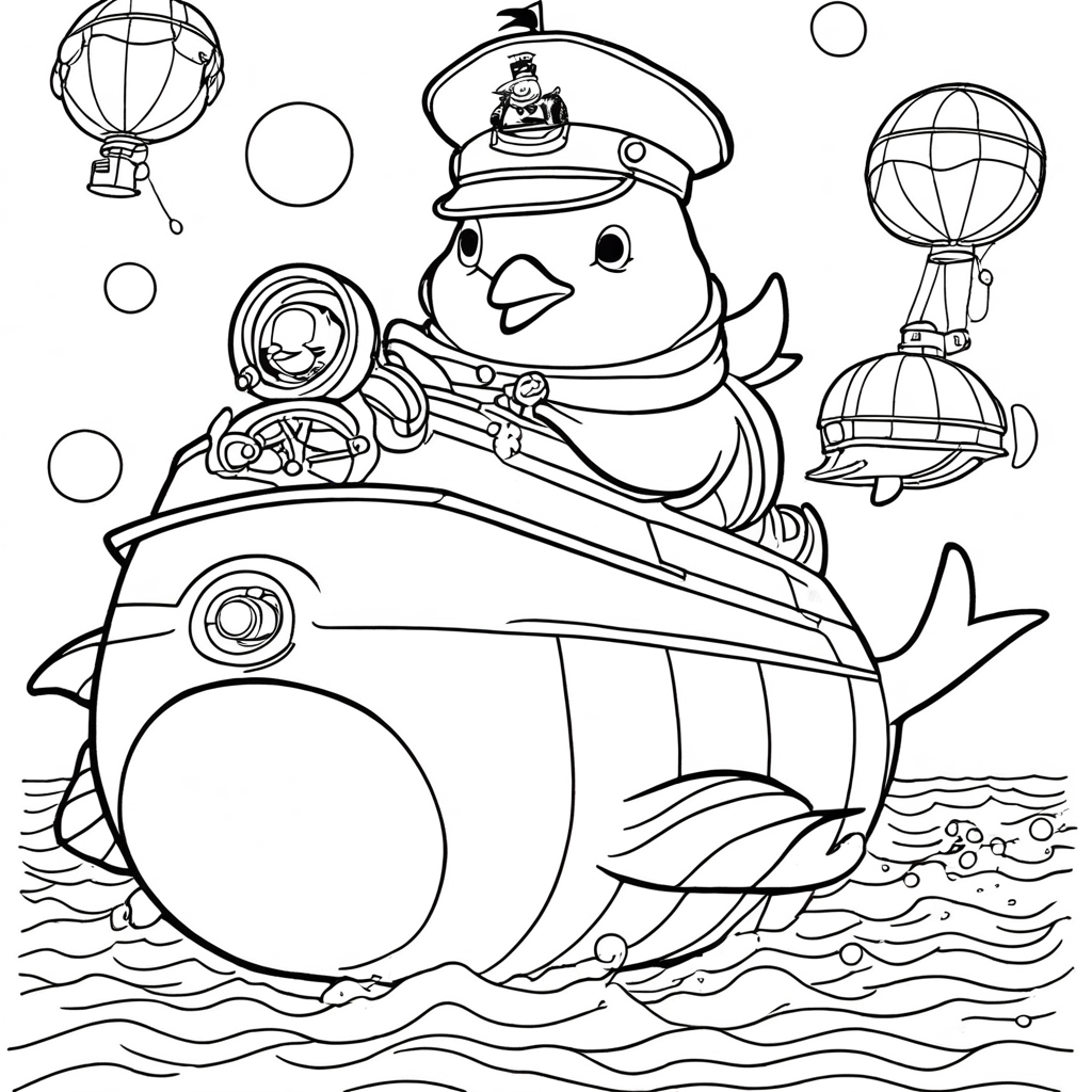 Captain Waddles' Penguin Submarine Adventure coloring page from penguin theme - free printable line art for kids and adults