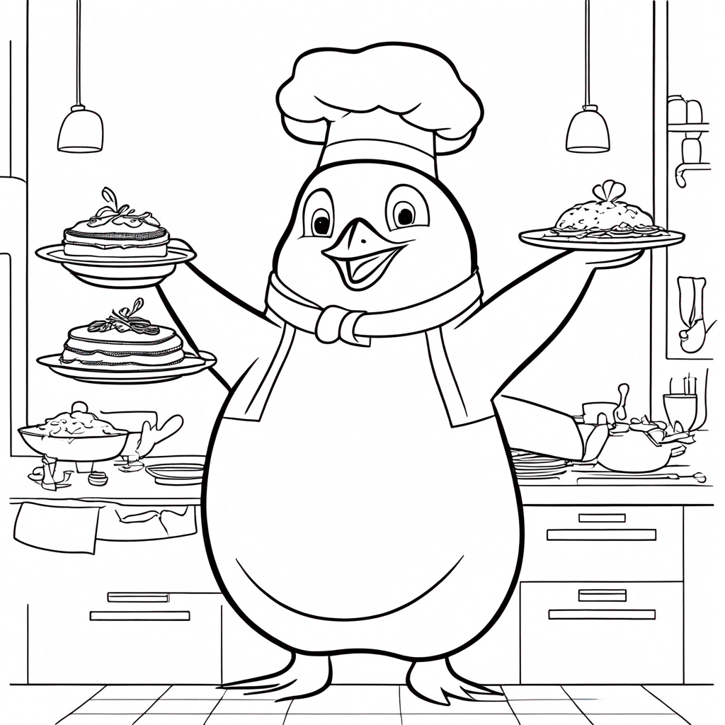 Penguin Chef's Fish Feast Delight coloring page from penguin theme - free printable line art for kids and adults