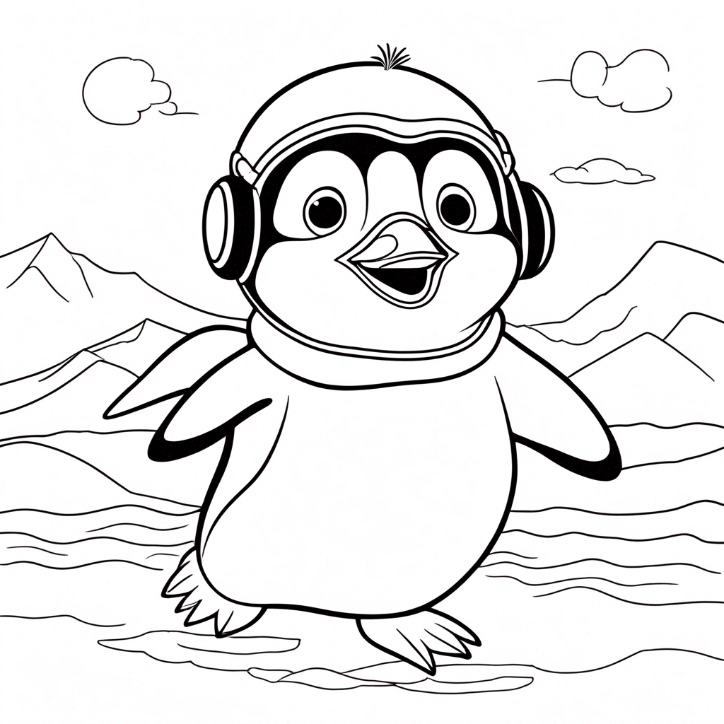 "Penguin Soaring with Butterfly Friends" coloring page from penguin theme - free printable line art for kids and adults