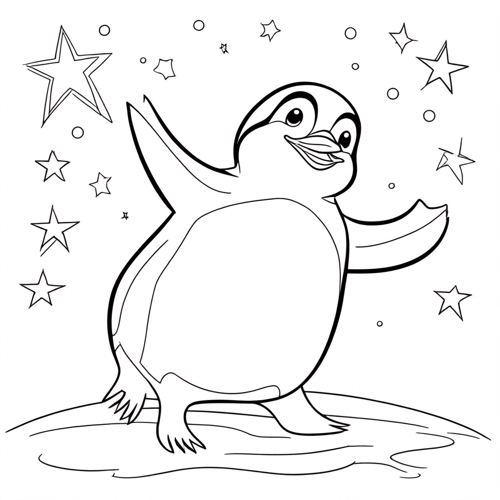 "Joyful Penguins Stargazing Under Moon" coloring page from penguin theme - free printable line art for kids and adults