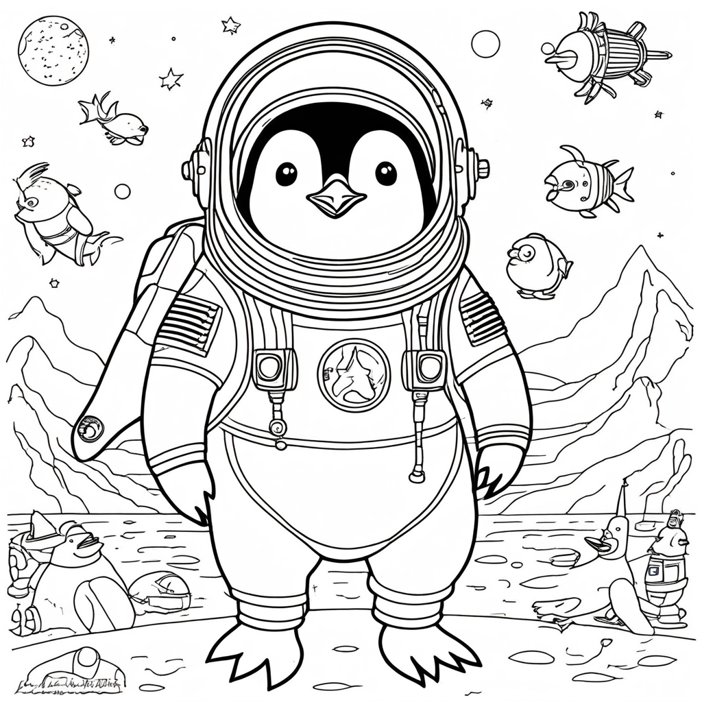 Whimsical Penguin Astronauts Explore Moon coloring page from penguin theme - free printable line art for kids and adults