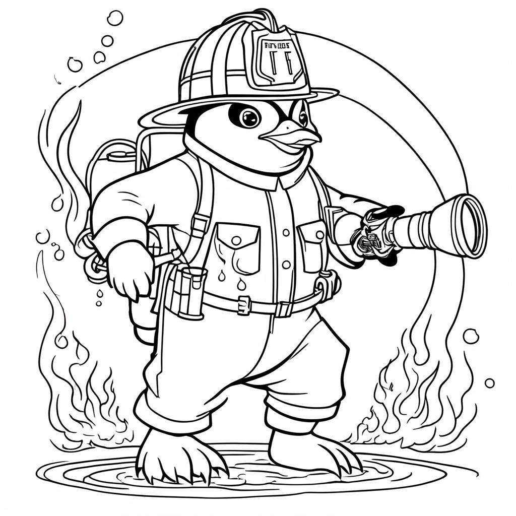 Perky Penguin Firefighters Save Town! coloring page from penguin theme - free printable line art for kids and adults