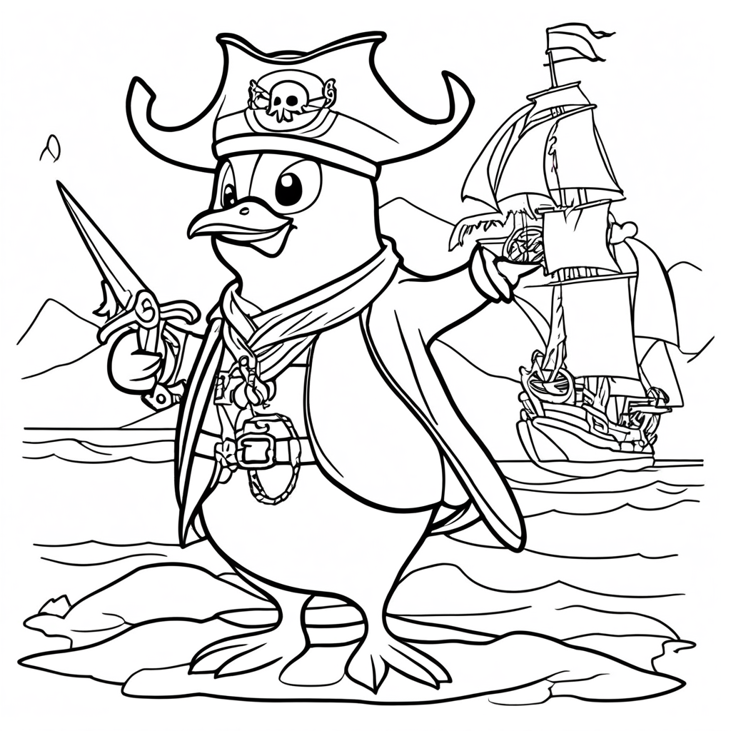 "Penguin Pirates Uncovering Treasure Chest" coloring page from penguin theme - free printable line art for kids and adults