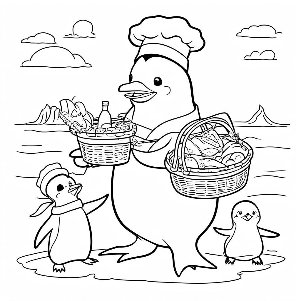 "Joyful Penguin Picnic on Iceberg" coloring page from penguin theme - free printable line art for kids and adults